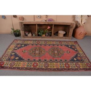 Vintage Turkish Rug 4.1x7.5 ft, <b>Red</b> Area Moroccan <b>Wool</b> Rug - Product Image 3
