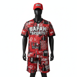 Ensemble court en mesh pour homme, polyester de haute qualité, 160 GSM, léger, rouge et noir, imprimé sur toute la surface, logo personnalisé pour ensemble homme - Product Image 1