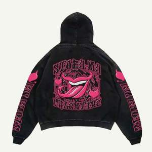 DTG hoodies รุ่นที่กำหนดเองคุณภาพสูงวินเทจผ้าฟลีซเก็บความร้อนพิมพ์ลายทั้งหมดด้วยสีดำและสีชมพูร้อน - Product Image 2