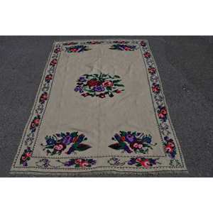 พรมขนสัตว์ตุรกีสีเบจ4.6 x 6.7ft คลาสสิกดีไซน์แบบเย็บปะติดปะต่อกันสำหรับห้องนั่งเล่นห้องนอนสี่เหลี่ยมพรมยาง - Product Image 1