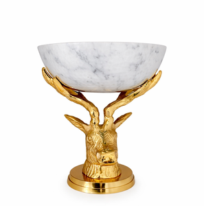 Tazón de Servir de Mármol Blanco de Lujo con Base de Cabeza de Ciervo de Aluminio con Acabado Dorado Artesanal, Centro de Mesa Decorativo para Frutas - Product Image 1
