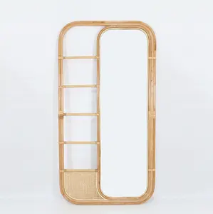 Factory price home decor art wall leaning mirror with towel rack handmade natural rattan full length stand pose mirrors