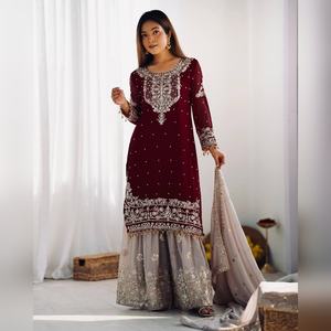 Luxury georgette plazzo salwar kameez with heavy <b>thread</b> work top and plazzo with dupatta pair for casual outing boutique style - Product Image 3