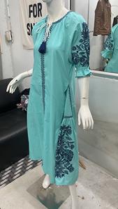 Vestido Abaya Largo y Modesto para Mujer, Tejido Islámico 100% Algodón, Bordado, Cierre Tradicional Musulmán, Lavable, Cintura Natural - Product Image 3