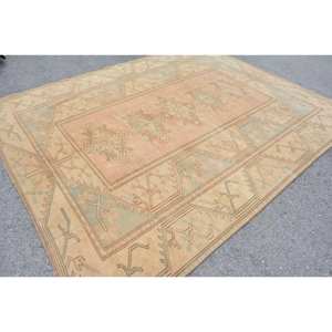 Tapis turc vintage 7,8x12,8 pieds, motif patchwork orange et vert, en laine, avec support en latex, pelucheux, écologique, traditionnel, pour salle à manger - Product Image 2