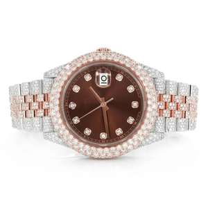 Montre luxueuse en diamant Moissanite à double ton entièrement glacée Montre automatique personnalisée à cadran marron de style Hip Hop pour hommes et femmes - Product Image 1