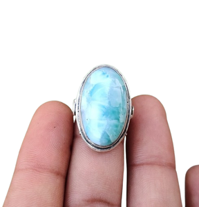 Anillo de piedras preciosas Larimar de Plata de Ley 925 estilo bohemio, regalo de boda chapado en rodio hecho a mano para mujeres para fiestas - Product Image 1