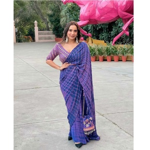 Indian Ethnic Georgette Saree Elegante Banglori Satén Bordado Secuencia Sin costuras Mujeres Blusa de seda Fiesta Ropa informal - Product Image 1