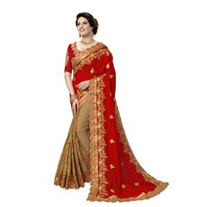 Trendmalls Sari décontracté en satin de soie brodé pour femme, pièce de chemisier non cousue (K810-Rouge), coupe classique pour mariage, toutes saisons - Product Image 1