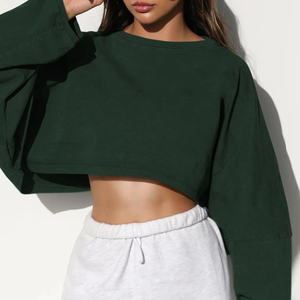 400 gramos/M poliéster algodón Otoño Invierno Color sólido cuello en V polar de gran tamaño mujer lavado ácido Crop Top sudaderas con capucha de alta calidad OEM - Product Image 1