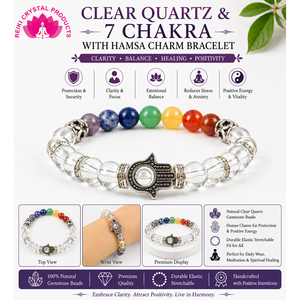 Bracelet porte-bonheur Hamsa en pierres précieuses naturelles 7 chakras - Bracelet en perles de cristal pour l'équilibre, la protection et l'énergie positive - Product Image 6