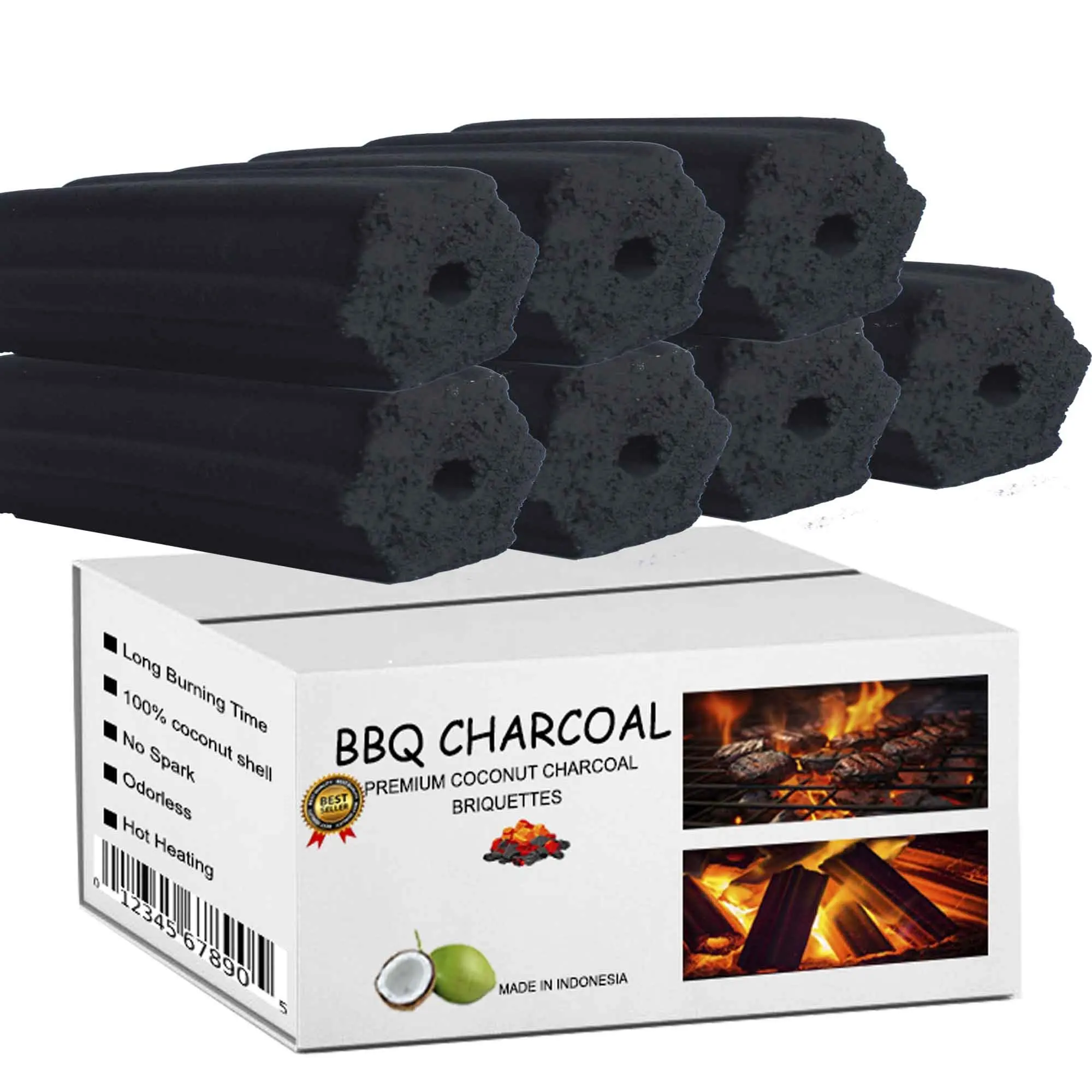 Fabricación de carbón por comprador de máquina en Europa Briqueta Hexagonal Premium BBQ No Spark Sin humo Cáscara de coco natural de alta calidad