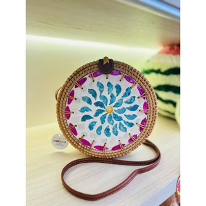 Vintage Mother of Pearl Inlay Round Drum Rattan <b>Bag</b> Handmade Floral Boho Purse for Summer Beach Travel & Premium Gifts - Product Image 1