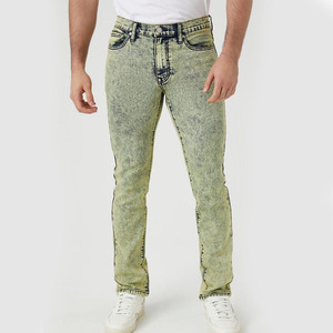 Top Tendance Hommes Léger Lavage Solide Motif Lourd Acide Lavé Vert Lime Denim Pantalon Droit avec Bouton Braguette et Poches - Product Image 2
