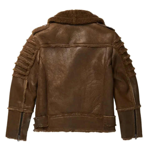 Stitchmode Custom Men's Real Brown Sheepskin Shearling Leather Jacket Estilo único Collar Punk Leather Jacket - Product Image 2