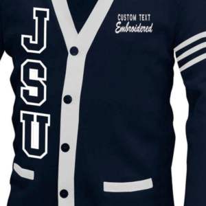 Unisex Navy & <b>White</b> Custom Embroidered School Cardigan Varsity Greek Apparel College <b>Sweatshirt</b> Winter Print Pattern Unisex Fit - Product Image 3