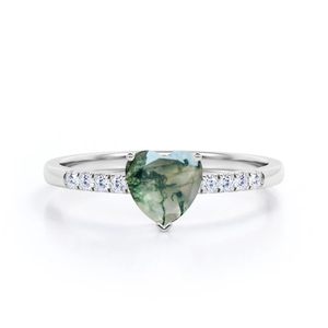 Anillo de compromiso de eternidad de Plata de Ley 925 en forma de corazón de ágata verde musgo y diamante para mujer - Product Image 5