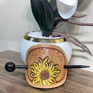 Nouveau bâton de cheveux Vintage en cuir repoussé fabriqué à la main de haute qualité en cuir véritable occidental femmes Barrette Clips bâton de cheveux de tournesol - Product Image 2