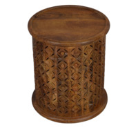 Table basse indienne sculptée à la main en bois de manguier massif à motif de diamant Table d'appoint de thé de forme ronde pour salon Table basse intérieure de luxe à usage domestique