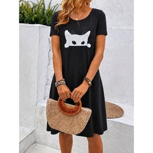 Robe courte en viscose à manches courtes et col rond pour femme, imprimé chat, 37499 - Noir - Product Image 1