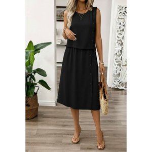 Conjunto de Dos Piezas para Mujer Jane's: Blusa Aerobin sin Mangas con Cuello Redondo y Botones y Falda Midi, Atuendo Elegante e Informal para Verano - Product Image 3