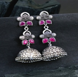 Toucher indien oxydé argent Jhumka boucles d'oreilles pour femmes filles fait à la main pierre rose bijoux de mode ethnique accessoire à la mode - Product Image 1
