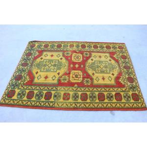 Vintage Turkish Rug, 4x5.3 ft Accent Rug, Red <b>Yellow</b> Oriental <b>Wool</b> Rug - Product Image 2