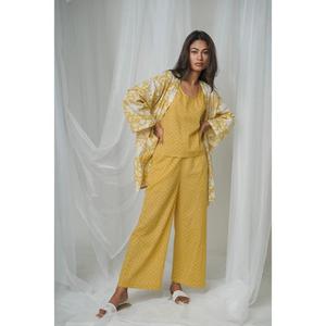 Ensemble coordonné en coton imprimé jaune pour femmes, haut, pantalon large, veste longue, style gothique, floral, décontracté, ethnique, vêtements de détente - Product Image 1