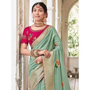 Sari en coton brodé vert mer fascinant avec chemisier pour les mariages - Product Image 4