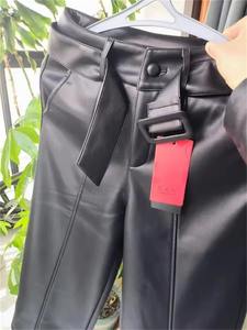 Pantalones de cuero Mujer Pantalones rectos de piel de oveja Primavera Otoño Cinturón de cintura alta Pantalón hasta el tobillo Pantalones casuales sueltos - Product Image 3