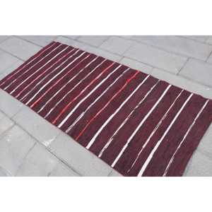 Alfombra Turca, Alfombra Decorativa de 2.9x6.6 pies, Alfombra de Lana Kilim Roja y Blanca - Product Image 2