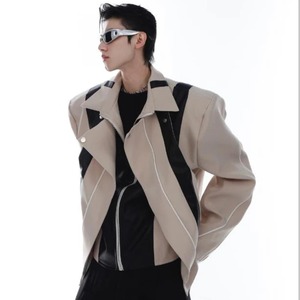 Veste en cuir pour hommes Patchwork cuir bloc de couleur américain High Street manteaux épaule rembourré tendance pilote Outwear - Product Image 2