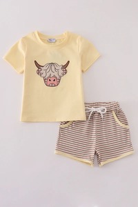Highland Cow Design Cómodo conjunto de ropa de verano para niños Cute Cow Applique Top y pantalones cortos Cómodo y elegante - Product Image 6