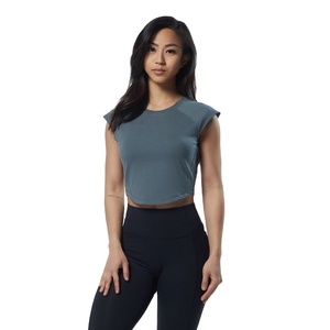 Logotipo personalizado al por mayor Yoga Sport Plain O-cuello corto Crop Top Casual sin mangas mujeres camiseta - Product Image 1