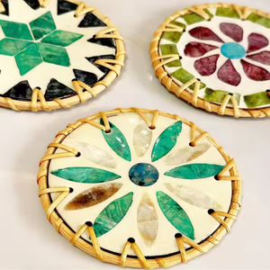 High Quality Classic Design Bamboo Rattan <b>Coasters</b> Hand-<b>Woven</b> with Mother-of-Pearl Inlay Sustainable Wicker Plate Dish Vietnam - Product Image 4