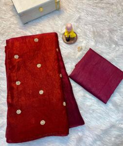 Telas de satén con relleno de primera calidad con brocas y trabajo de secuencia y borde de encaje con ribetes Saree con pieza de blusa Banglory para adultos - Product Image 1