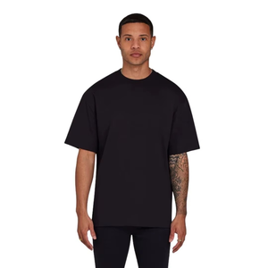 เสื้อยืดโอเวอร์ไซส์สีดำล้วนสำหรับผู้ชายเสื้อผ้าแนวสตรีทแบบลำลองเสื้อยืดทรงหลวมสำหรับผู้ชายพิมพ์โลโก้ได้ตามต้องการ - Product Image 1