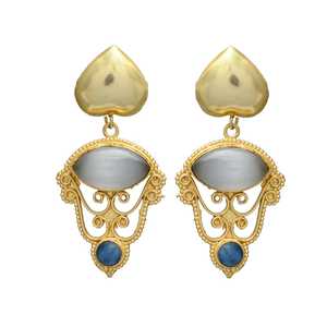 Nueva llegada largo dorado clásico diseño de corazón zafiro hidro y gris chaceldony pendientes de piedras preciosas pendientes colgantes - Product Image 1