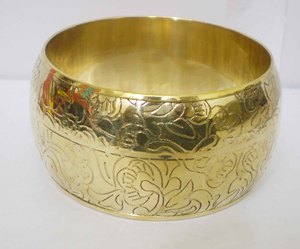 Luxury Gold Plated Copper Bangle For Women Unique Hand Etched Floral Design Wide Dome Solid <b>Metal</b> <b>Bracelet</b> Elegant Traditional - Product Image 1