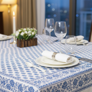 Hermoso mantel con estampado de bloques florales, algodón azul y blanco, bloque de mano tradicional, diseño impreso, cubierta de comedor Rectangular - Product Image 2