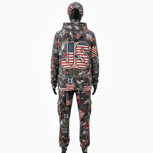 Premium 340 GSM mujeres chándal tela polar bandera americana estampado personalizado bordado Logo Sudadera con capucha Jogger conjunto chándales de talla grande - Product Image 2