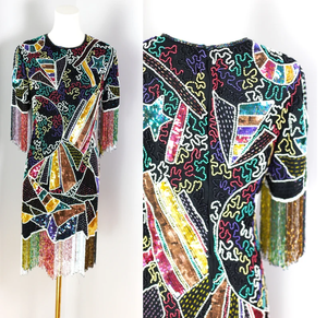 Robe élégante vintage à col rond et longueur thé manches longues gaine perlée motif cristal broderie droite formelle antistatique - Product Image 6