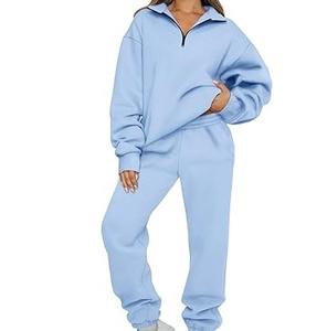 Trajes Deportivos de Algodón 100%, Ropa Deportiva para Fitness y Jogging, Conjuntos Deportivos de Felpa Estampados, Conjuntos Deportivos de Color Sólido con Media Cremallera para Chicas - Product Image 1