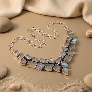 Collar con Colgante de Ópalo Geométrico, Plata 925 con Baño de Rodio, Cadena de Eslabones Estilo Bohemia, Unisex, para Uso Diario - Product Image 1