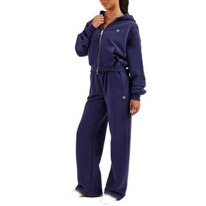 Ensemble de sweat-shirt à capuche zippé bleu marine pour femmes, pantalon de survêtement à jambes larges, molleton brossé, vêtements de détente, fabricant de vêtements en gros OEM - Product Image 1