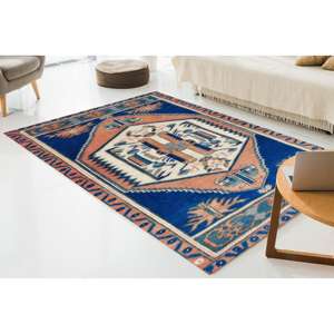 Tapis anatolien patchwork bleu marine, tapis ethnique turc, tapis en laine imprimé non tissé, tapis doux et écologique avec envers en latex - Product Image 3