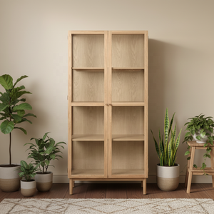 Vitrine moderne minimaliste en bois de chêne massif avec portes vitrées et étagères réglables pour le rangement du salon et de la salle à manger - Product Image 1