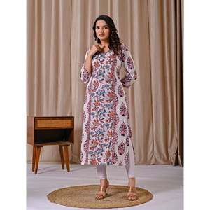 Kurti de Algodón con Estampado Jaal Blanco y Rosa, Corte Recto, Ropa Regional - Product Image 5