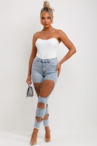 Pantalones de mezclilla con cierre de botón y volantes de moda con estilo de calidad superior para mujer Pantalones de mezclilla ajustados con diamantes de imitación personalizados - Product Image 5