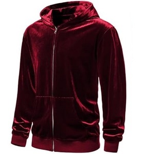 Custom Embroidered Maroon Color Zip <b>Velour</b> Hoodie Drop Shoulder Plus Size Breathable OEM Service - Product Image 5